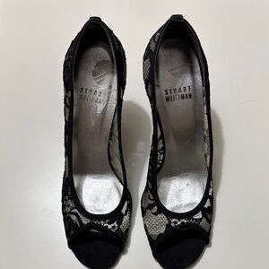 Stuart Weitzman Black and Cream Lace Heels
